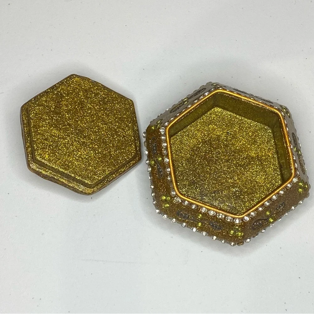 Vintage Gold Sparkly Enameled Bejeweled Trinket Jewelry Box Moroccan Mosaic